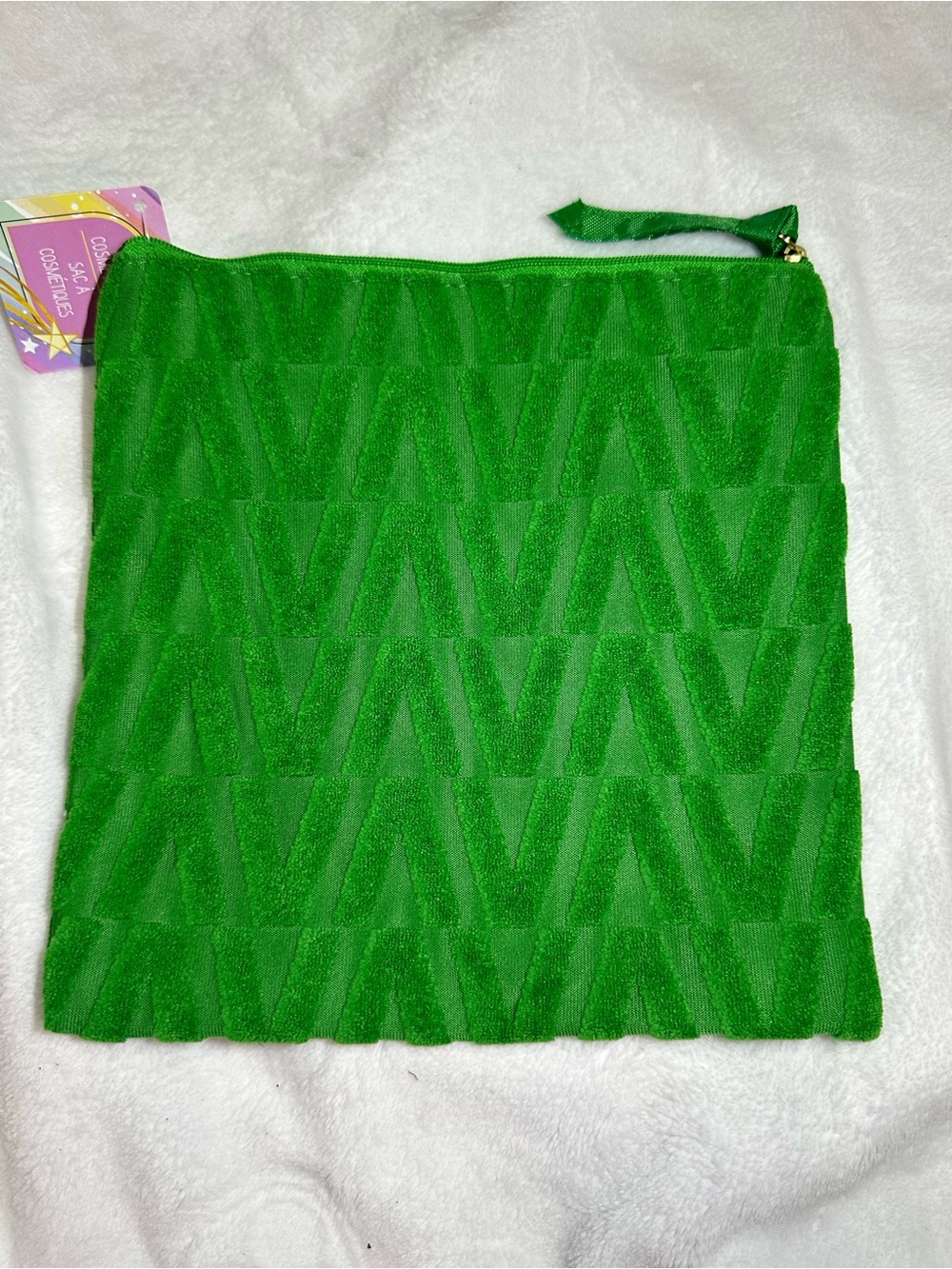 Vibrant Emerald / Grass Green Textured Velvet Zip Cosmetic Bag